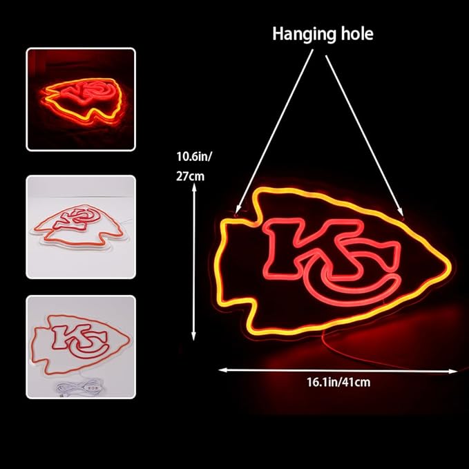 Football Rugby Sports Neon Sign Suitable for Chiefs KC Logo for Wall Decor USB Powered Dimmable Led Light Up Signs for Game Room Men Cave Home Bar Decor Birthday Xmas Gifts for Kids Fans