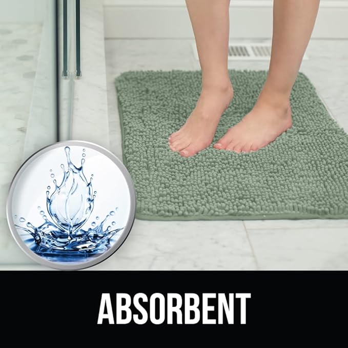 KANGAROO Bathroom Rugs, Chenille Soft Absorbent Bath Rug, Shaggy Shower Mat, Quick Dry Machine Wash Bathmat, Plush Carpet Mats for Tub, Bathtub and Room Home Decor Accessories, 36x24, Sage