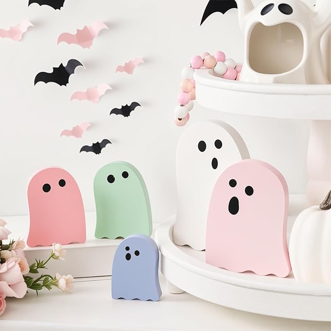 Halloween Table Decorations Indoor: 5ct Halloween Cute Ghost Decorations, Pink White Macaron Colors Ghosts Wood Signs, Pastel Girly Halloween Desk Decor for Mantel Home Office Farmhouse Party Gifts