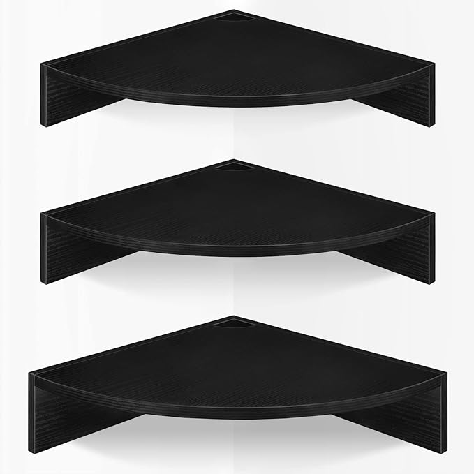 Homode Corner Floating Shelves, Set of 3 Corner Shelves Wall Mounted with Cable Hole, 3 Tier Wooden Hanging Corner Storage Shelf for Bedroom, Living Room, Kitchen, Black