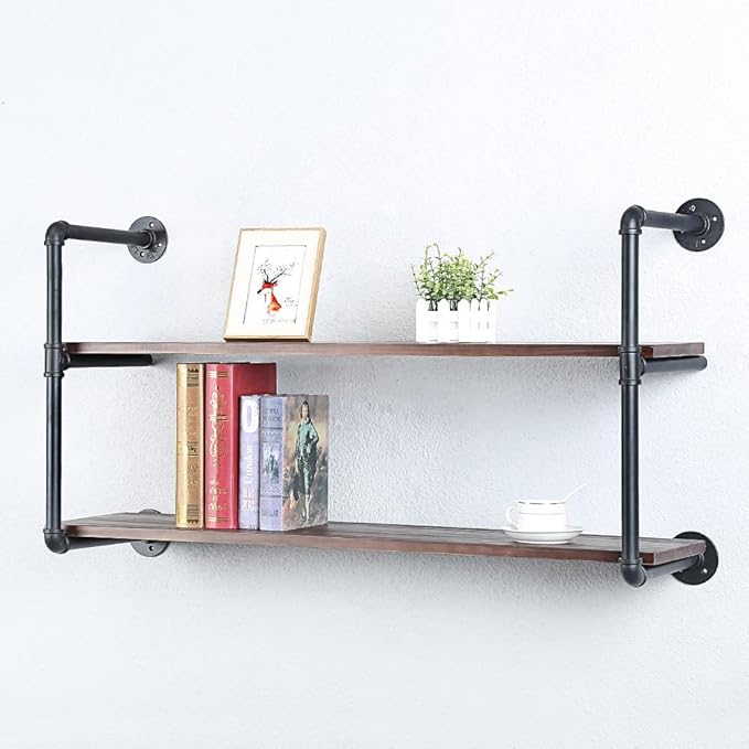 Industrial Pipe Shelving Wall Mounted,42in Rustic Metal Floating Shelves,Steampunk Real Wood Book Shelves,Wall Shelf Unit Bookshelf Hanging Wall Shelves,Farmhouse Kitchen Bar Shelving(2 Tier)