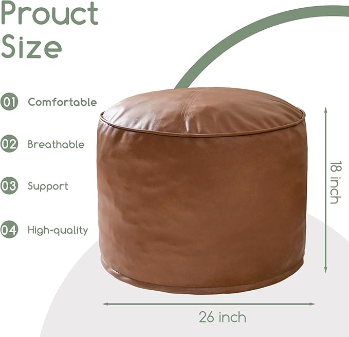 HIGOGOGO Round Stuffed Pouf Ottoman, Pu Leather Poufs with Foam Chunk Filling, Furry and Fluffy Pouf Foot Stool Storage Ottoman, 26 X 18 Floor Poufs Foot Rest for Living Room,Brown