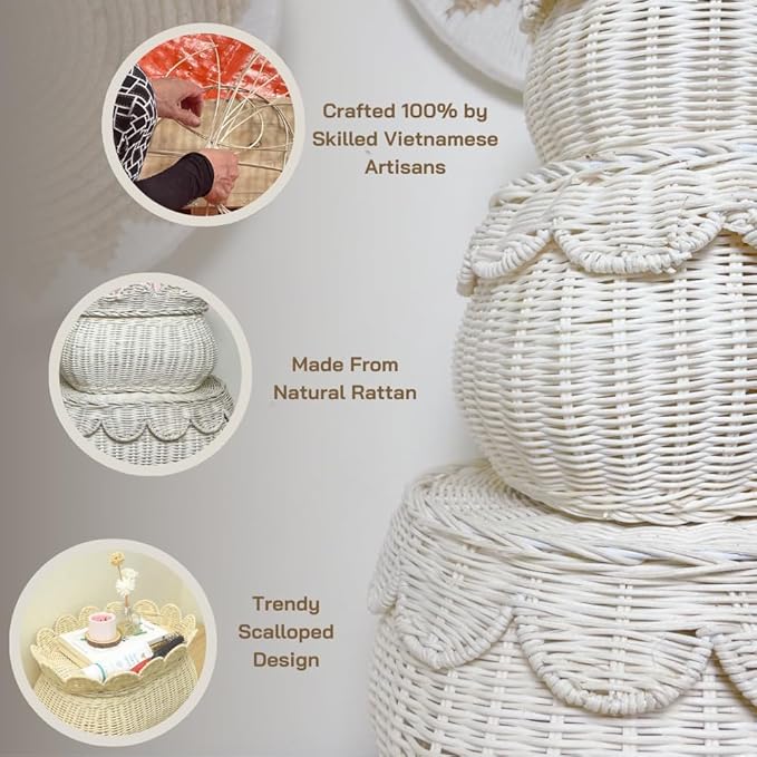 Scalloped Basket with Lid Set of 3,Storage Boxes for Shelves,Decorative Storage Boxes With Lids,Rattan Storage, Shelf Baskets Set for Organizer