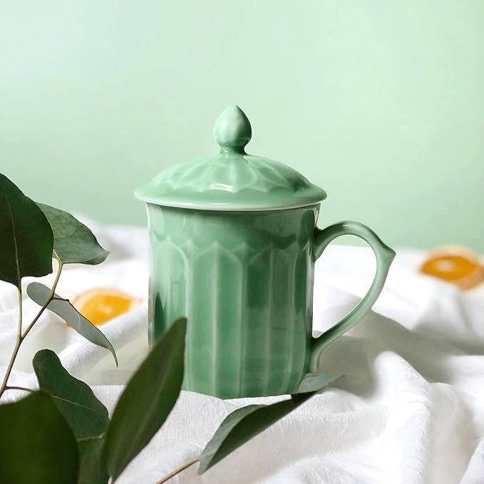 Porcelain Lotus Tea Cup with Lid and Handle, 12 oz Unique Coffee Mug, Microwave Dishwasher Safe, Gifts for Women and Men, Aesthetic Chinese Celadon 1 Pack (Olive Green)