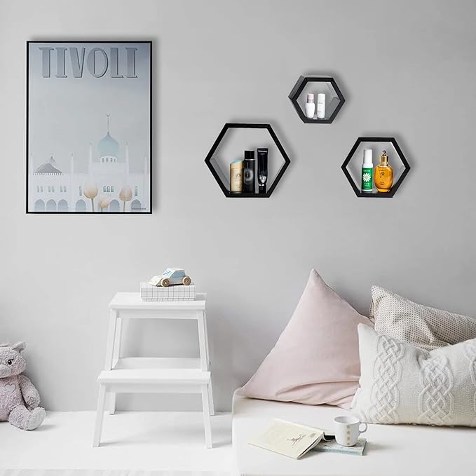 DD DEFINED DECO Set of 3 Pine Wood Hexagon Shelves for Wall Decor,Wall Mounted Floating Shelves,Farmhouse Honeycomb Living Room,Hanging Rustic Shelf Racks Bedroom,Nursery, Black, (B2C230007-3SET)