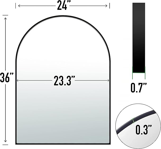 24x36 Arch Mirror Rectangle Full Length Wall Mounted Hanging or Against Wall Metal Frame Dressing Make-up Mirrors for Entryway Bedroom Bathroom Living Room 24 36 inch Black