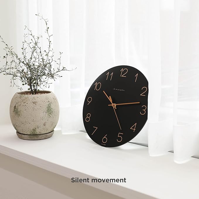 mooas Flatwood Black Wall Clock,12" Non-Ticking Sweep Movement Decorative Modern Battery Operated Decorative Wall Clock for Home Living Room Kitchen Bedroom Office School Cafe Hotel (Black)