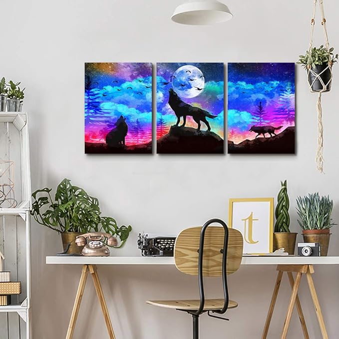 Canvas Wall Art For Living Room Large Size Wall Decor For Bedroom Office Decor Artwork Modern 3 Pieces Framed Canvas Art Prints Ready to Hang Wolf Pictures Blue Sky Auroral Painting Home Decoration