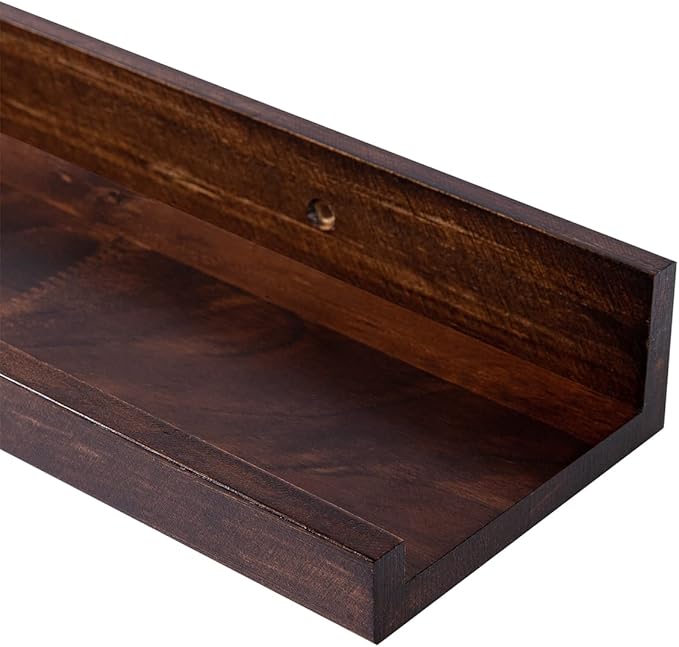 MBYD 16 Inch Wood Floating Shelves Wall Mounted Deep Walnut Picture Ledge Shelf Nursery Book Shelves for Home Decor for Bedrooms, Office, Living Room, Kitchen, 3 Same Sizes