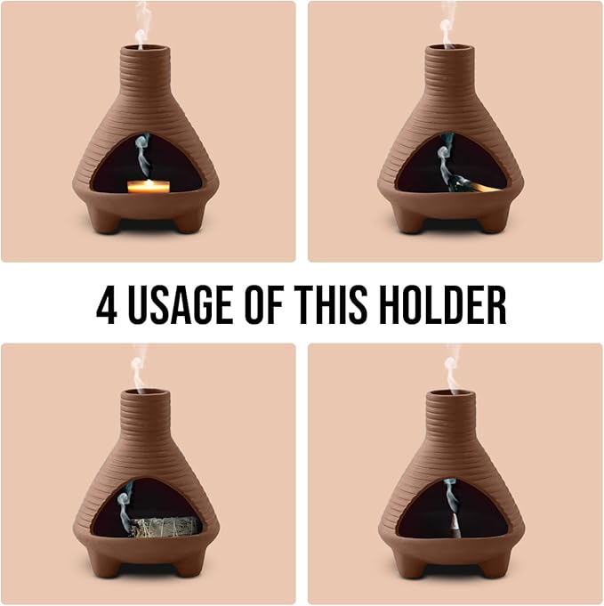 Palo Santo Holder Handmade Ceramics Incense Burner Chimney Dish Smudge Bowl for Palo Santo Sticks Sage Bundles with Brush(Brown) (Aroma Diffuser Red)