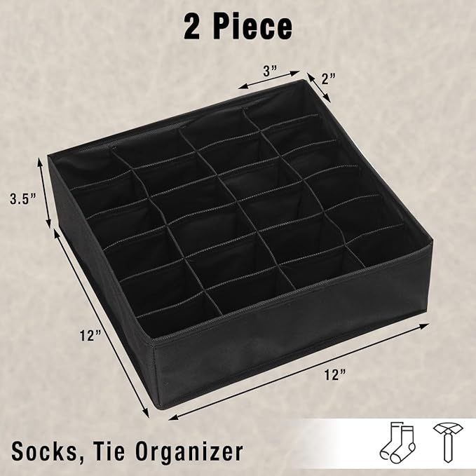 Simple Houseware 2 Pack Closet Sock Organizer, 24 Cell Drawer Divider, Black