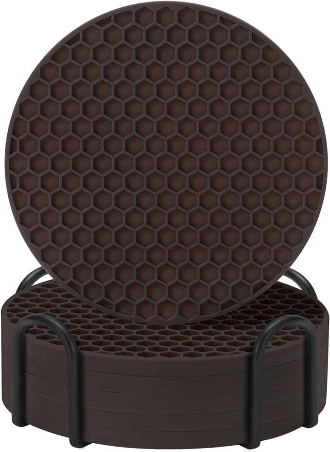 Coasters Set of 6 with Holder,Coasters for Drinks,Coffee Table Decor Coaster,Suitable for Kinds Cups,Anti-Slip,Non-Stick,Silicone Cup Coaster and Living Room Decor (6 Pcs, Coffee)