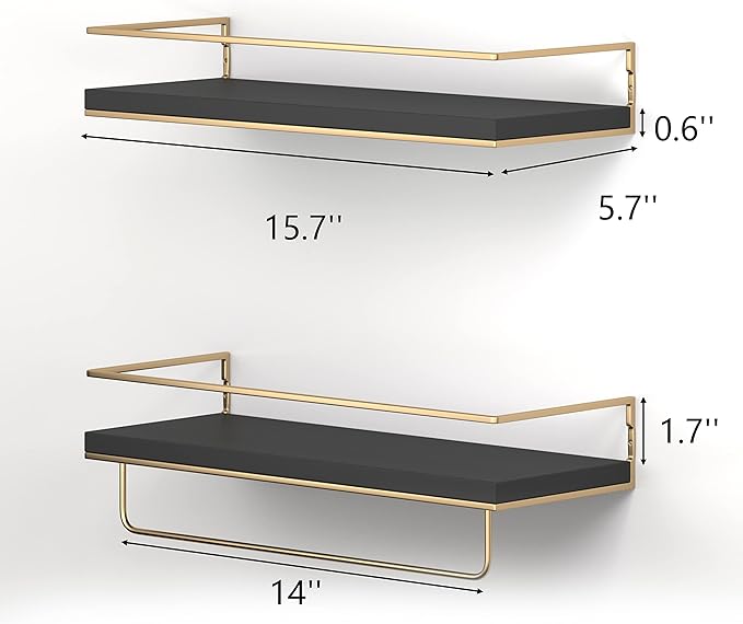 Shario Black Floating Shelves - Set of 2, Wall Mounted Hanging Shelves with Golden Towel Rack, Decorative Storage Shelves for Bathroom, Kitchen, Living Room & Bedroom (Black)