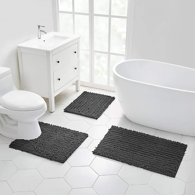 Walensee Bathroom Rug Non Slip Bath Mat (44x24 Inch Dark Grey) Water Absorbent Super Soft Shaggy Chenille Machine Washable Dry Extra Thick Perfect Absorbant Best Large Plush Carpet for Shower Floor