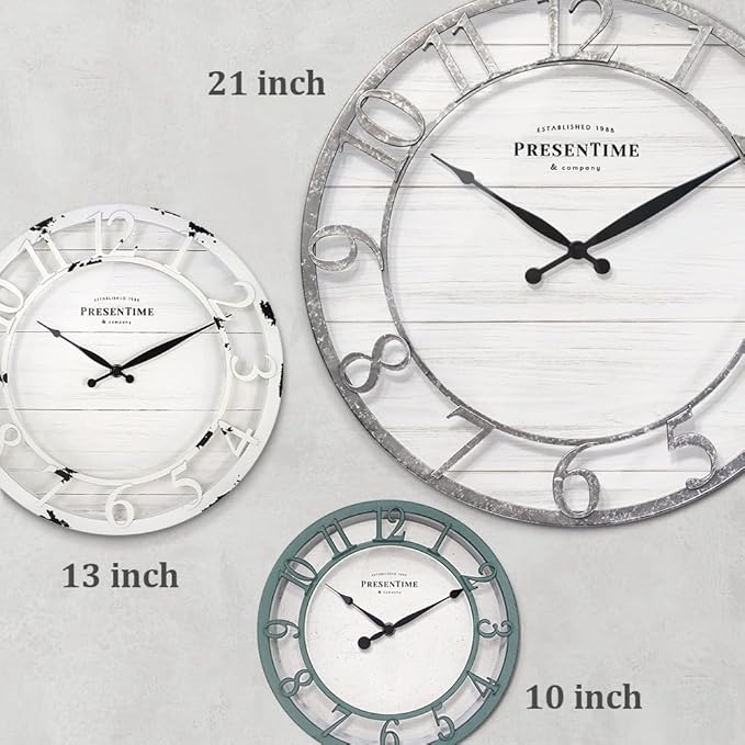 Presentime & Co 21" Farmhouse Series Wall Clock, Shiplap Style, Raised 3D Arabic Numeral, Galvanized Finish. Wall Décor for Living Room, Dining Room, and Entryway.