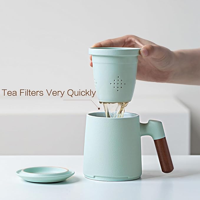 ZENS Tea Cup with Infuser and Lid for Loose Leaf Steeping, 16.9oz Embossed Ceramic Tea Infuser Mug, Wood Handle Tea Diffuser, Great Gift