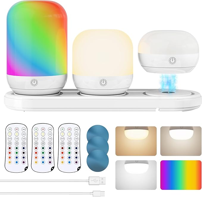 SUNMORY Rechargeable Night Light, Table Lamp for Bedroom, Dimmable Bedside Lamp with Magnetic Charging Station, Small Nightstand Lamp, LED Night Lights with 12 RGB Colors, Timer & Remote Control