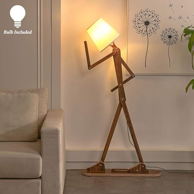 Cool Decorative Tall Floor Lamp Wood Swing Arm Standing Corner Reading Lights for Kids Bedroom Living Room Farmhouse - LED Bulb Included (Teak)