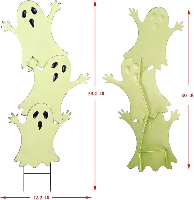Joliyoou Halloween Yard Stake, 38.6" Glow in The Dark Metal Stacked Ghost with Green Fluorescent Layer, Halloween Yard Sign Stakes for Outdoor Front Yard Lawn Garden Decorations