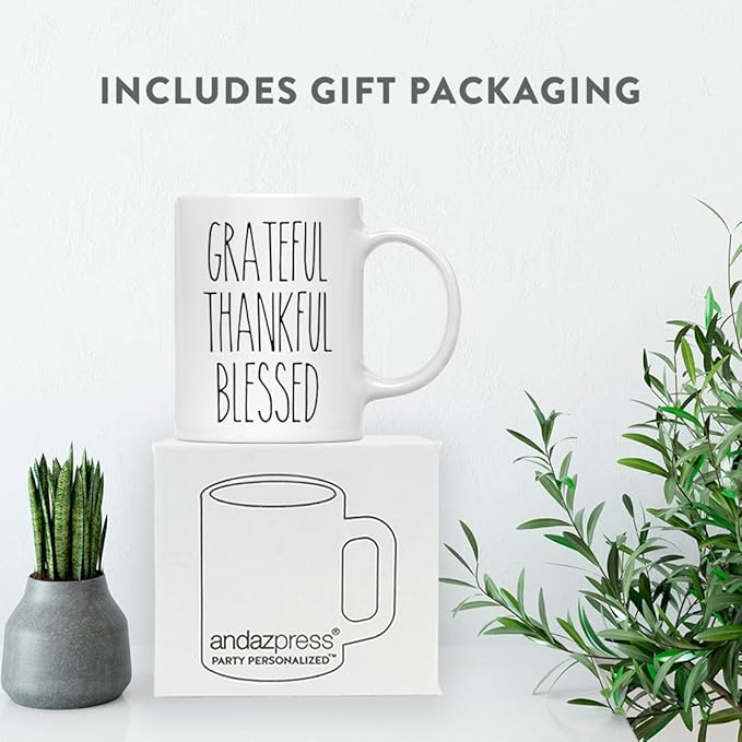 Andaz Press Simple Rustic Farmhouse Kitchen Decor 11oz. Ceramic Coffee Tea Mug, Grateful Thankful Blessed, 1-Pack, Includes Gift Box, Minimalist Birthday Idea