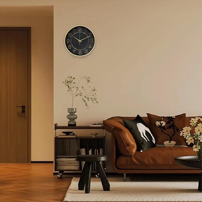 HZDHCLH 12inch Wall Clocks Battery Operated,Quartz Movement,Silent Non Ticking Modern Wall Clock for Living Room Bedroom Kitchen Office School Classroom Decor Black Gold