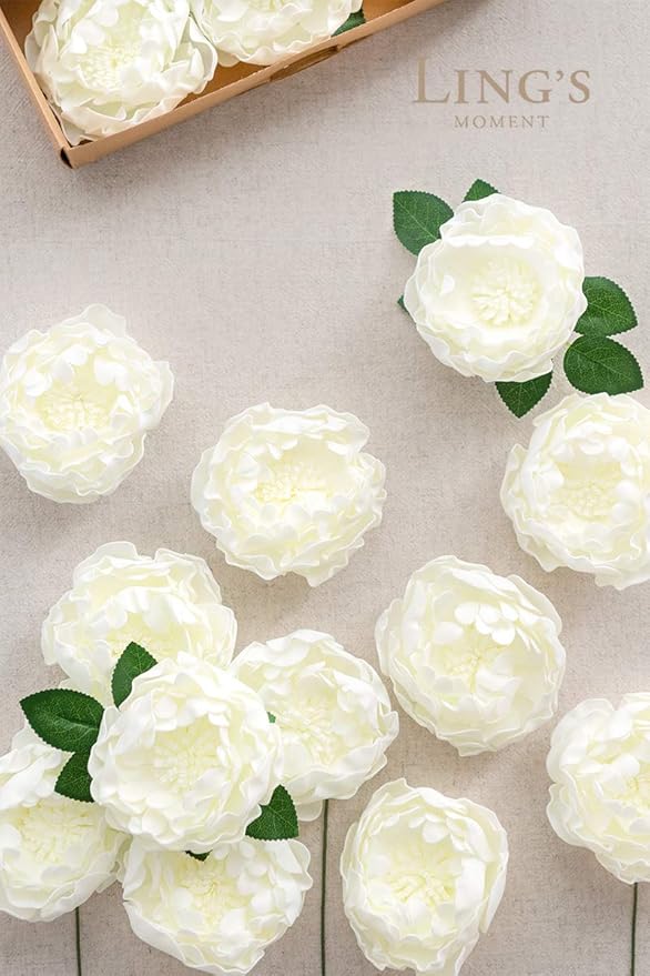 Ling's Moment Flowers 16pcs Ivory Blooming Peonies Artificial Flowers with Stem, Artificial Peony Flowers for DIY Wedding Decorations Centerpieces Bouquets Boutonnieres