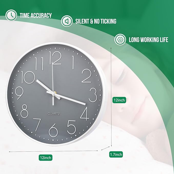 Wall Clock 12 Inch Non-Ticking Silent Modern Simple Style Round Decor Clock Gray Stereoscopic Dial Quartz Wall Clocks for Home/Office/School/Living Room/Bedroom/Kitchen