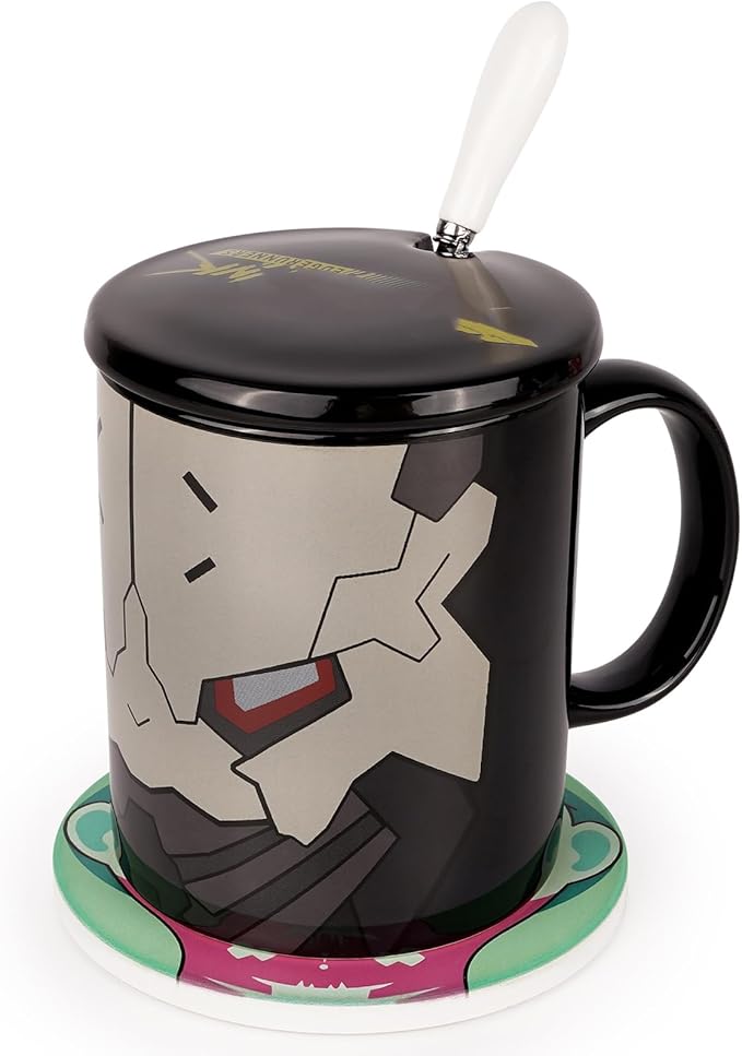 12oz Ceramic Mug Set - 4-piece Coffee Mugs with Lid, Coaster & Spoon - Perfect for Fans of Cyberpunk Aesthetic &Sci-Fi (Black)