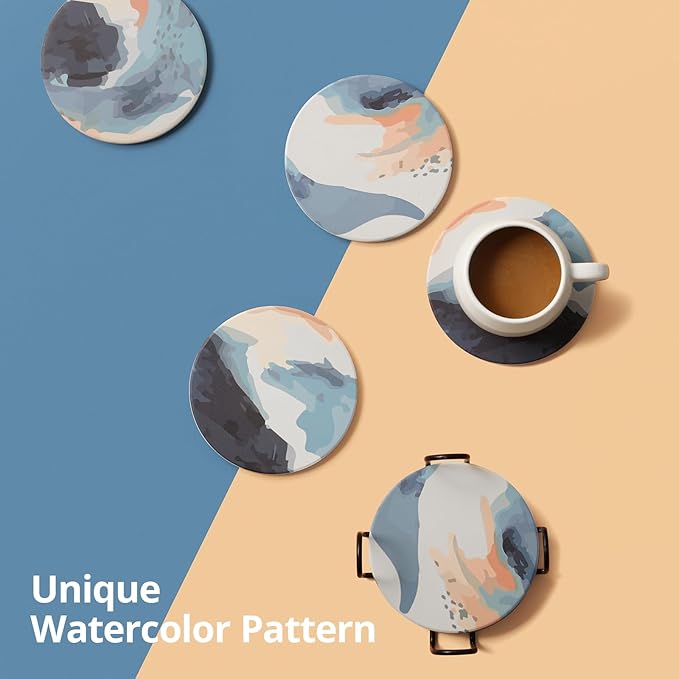 LIFVER Coasters Set of 6 Absorbent Drink Coasters with Holder, Watercolor Marble Sandstone Style Ceramic Cup Mat for Home Decor Coffee Table Protection, 4 Inches