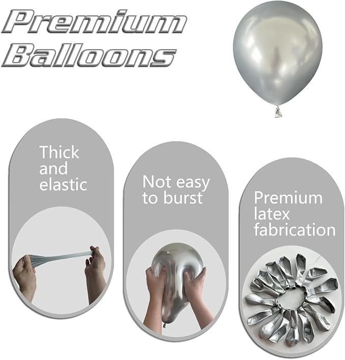 Metallic Silver Balloons 145pcs Different Sizes 5in 10in 12in 18in Chrome Silver Shiny Round Latex Balloon Arch Kit Garland for Wedding Baby Shower Birthday Party Decor