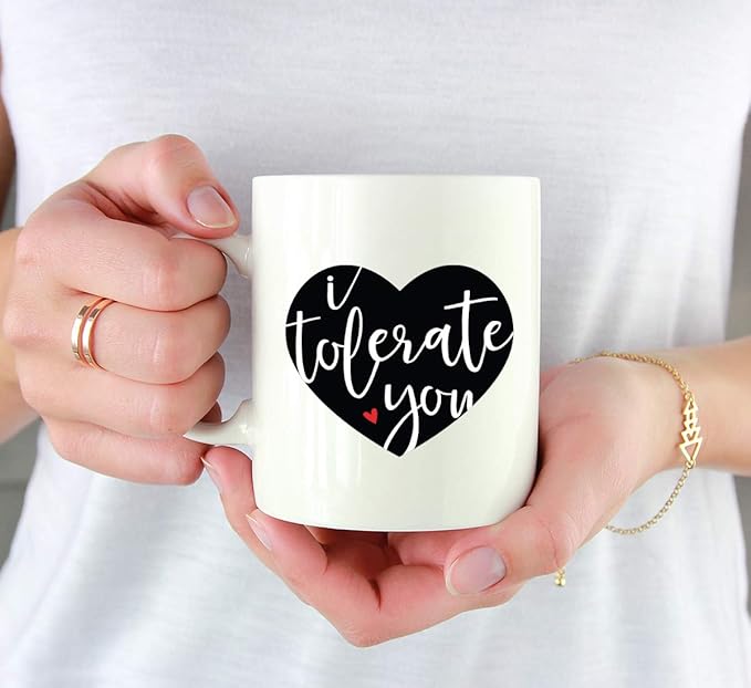 Andaz Press Valentine’s Day Funny 11oz. His Her Couples Coffee Mug Gift, I Tolerate You, Heart Graphic, 1-Pack, Gift Box