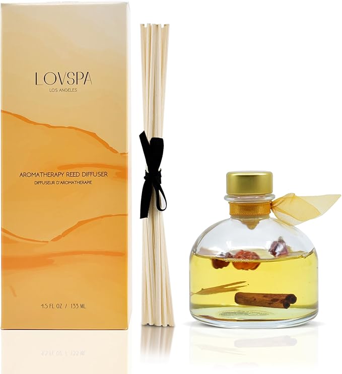 LOVSPA Pumpkin Vanilla Chai Reed Diffuser - Comfort β Wild Pumpkin, Spicy Chai, Cardamom, Vanilla & Cinnamon Scented Oil with Sticks - Made in The USA