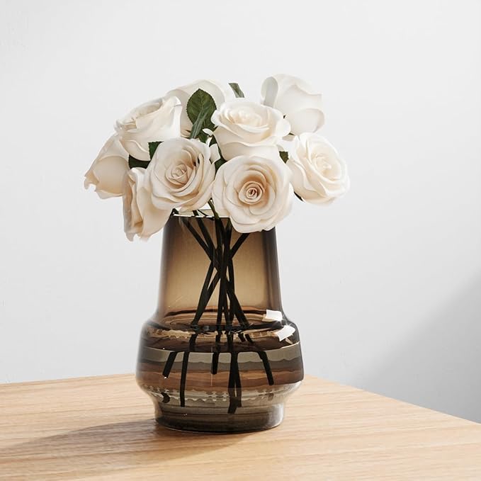 Amber Glass Vase Bud Flower Vase with Modern Design, Brown Wide Mouth Decorative Vase Gift for Home Decor, Living Room, Dining Table, Entryway, Shelf, Wedding, Office, 7.3 Inch (Amber)