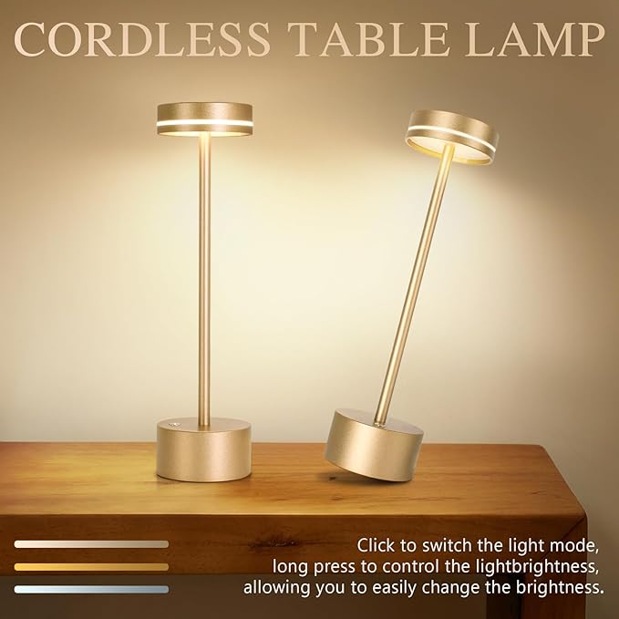 2 Pack Cordless Table Lamp Rechargeable, 3 Way Dimmable Touch Lamp & 5000mAh Long Battery Time, Portable Small Metal Light for Reading/Office/Bedroom/Dining/Nightstand/Desk, Gift for Home Décor – Gold