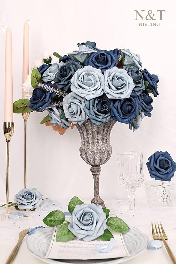 N&T NIETING Dusty Blue Fake Roses,50pcs Artificial Flowers Faux Flowers Fake Flowers for DIY Wedding Bouquets Centerpieces Floral Arrangements Home Decorations Shades of Navy Blue