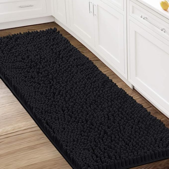 H.VERSAILTEX Bathroom Rugs Bath Mat Bath Rugs Bath Mats for Bathroom Non Slip Extra Thick Buncy Soft Chenille Bath Rug Fulffy Shag, Indoor Rug Runner Carpet for Living Room (Black, Large 59" x 20")