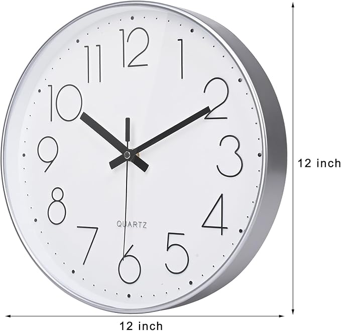 12 Inch Wall Clock Silent Non-Ticking Modern Clocks Battery Operated for Office, School (Silver)