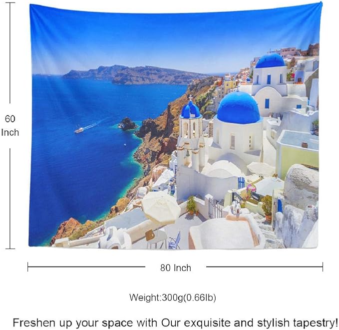 Santorini Tapestry,Wall Hanging Beautiful Town Landmark Nature Europe Wall Tapestry for Bedroom Living Room Tablecloth Dorm 80X60 Inches