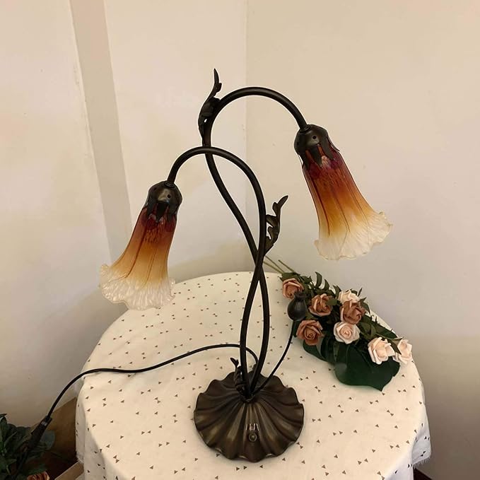 Bieye L10698 Lily Flower Blown Glass Accent Table Lamp for Living Room Bedroom Decoration (2-Light, Orange)