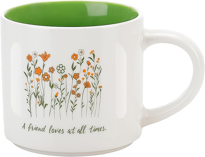 Floral Ceramic Mug 15 OZ (450ml) - Pro 17:17 "A Friend Loves at All Times - Elegant Flower Design - Friendship Gift Coffee Cup - Microwave & Dishwasher Safe - Great for Tea, Cocoa