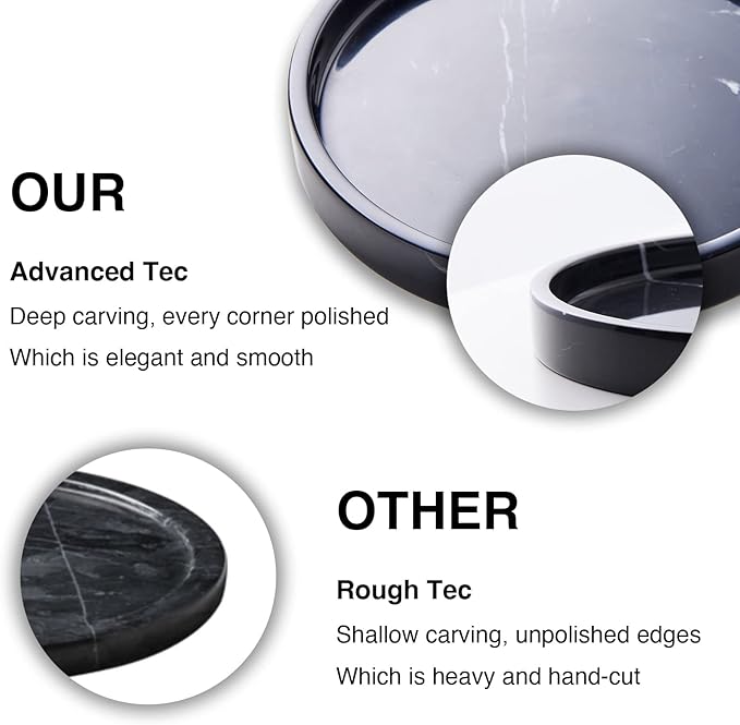 100% Carved Marble Round Vanity Tray 5.5'', for Kitchen Bathroom Countertop, Nightstand Decor, Candle Holder, Jewelry Rind Dish, Trinket Plate, Table Accents, Black