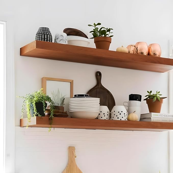 Habudda Floating Shelves, Bathroom Wall Shelf for Rustic Home Decor, Natural Wood, Invisible Bracket, 35.5 Inches, 2 Pack