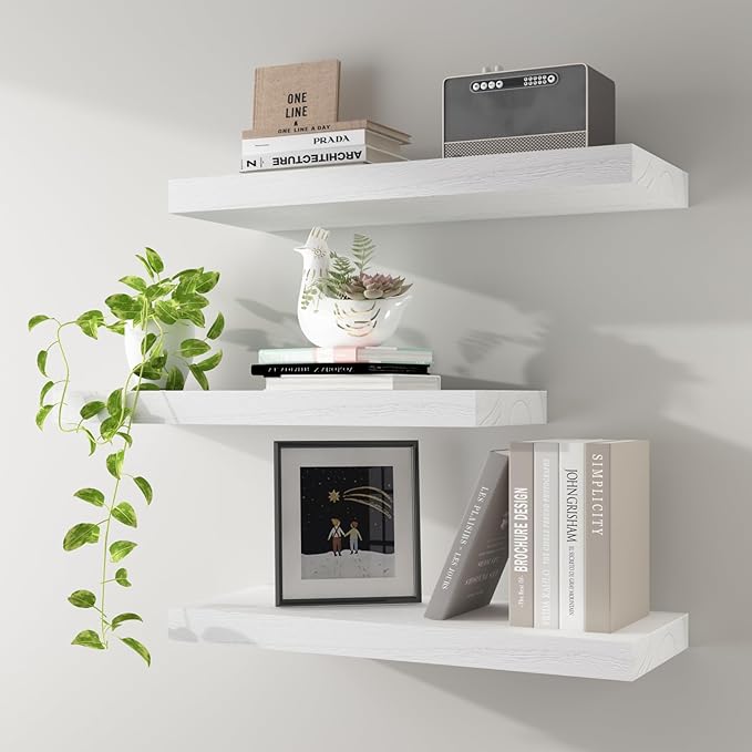 Floating Shelves Wall Shelf Solid Wood Mounted Storage for Bedroom Living Room Set of 3, White Wall Shelves
