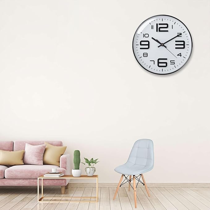 Plumeet Wall Clock, 12'' Bedroom Wall Clocks Battery Operated, Silent Quartz Clock Decorate Kitchen Living Room, 3D Numbers Display Easy to Read, White