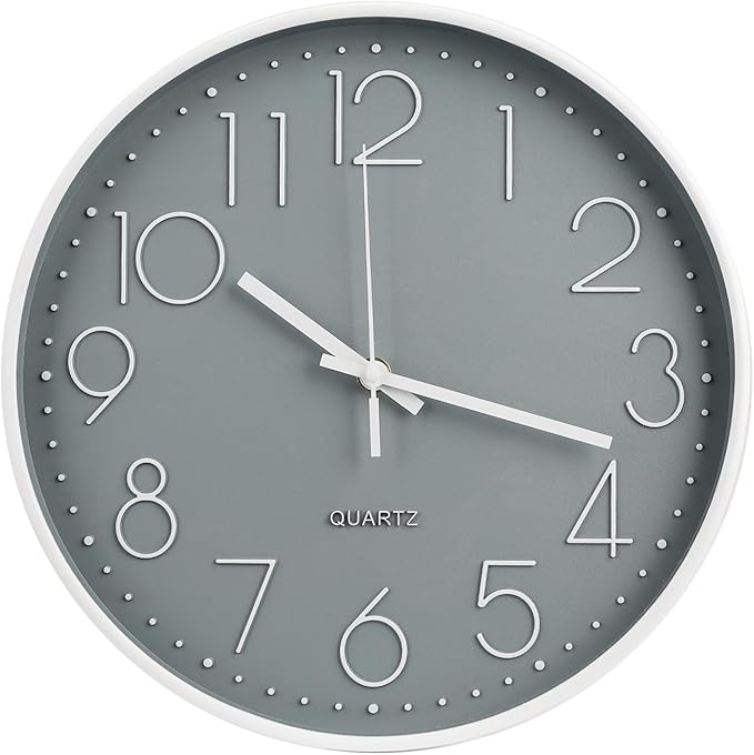 Wall Clock 12 Inch Non-Ticking Silent Modern Simple Style Round Decor Clock Gray Stereoscopic Dial Quartz Wall Clocks for Home/Office/School/Living Room/Bedroom/Kitchen