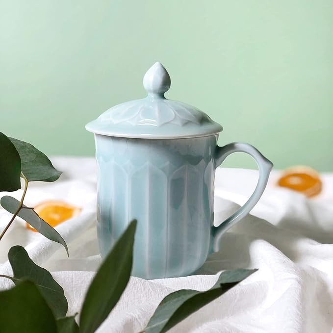 Porcelain Lotus Tea Cup with Lid and Handle, 12 oz Unique Coffee Mug, Microwave Dishwasher Safe, Gifts for Women and Men, Aesthetic Chinese Celadon 1 Pack (Ivory Blue)