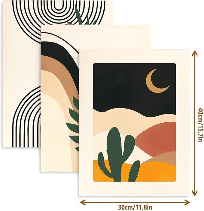 puthiac Boho Wall Art Posters - Set of 3 Framed Canvas Minimalist Neutral Abstract Artwork Modern Boho Home Wall Decor for Office Living Room Bedroom Bathroom Home Decor