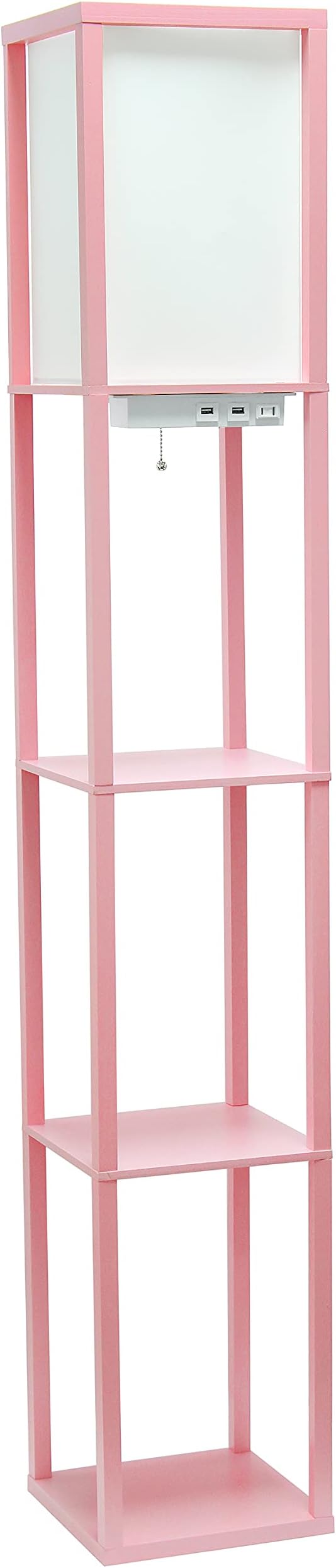 Simple Designs LF1037-LPK Floor Lamp Etagere Organizer Storage Shelf with 2 USB Charging Ports, 1 Charging Outlet and Linen Shade, Light Pink