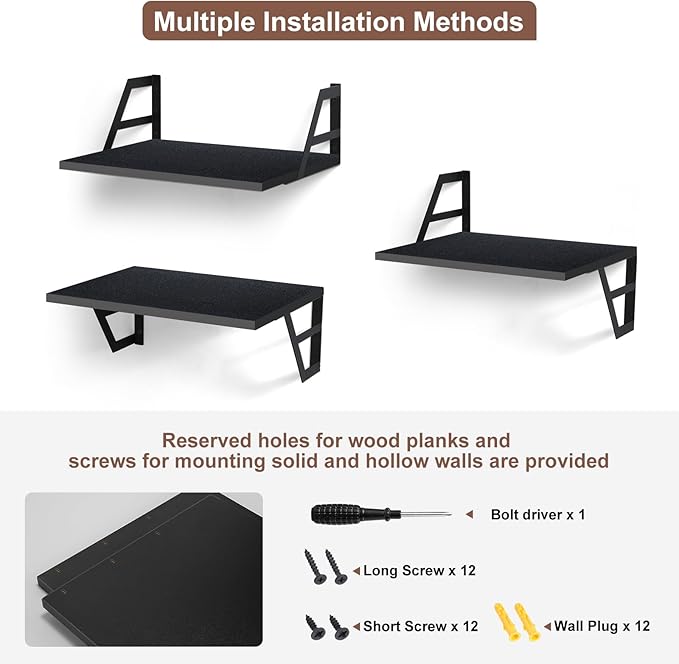Set of 2 Deep Floating Shelves; Wall Mounted Book Shelf for Living Room, Bedroom Shelves for Wall Decor; Shelves for Wall Storage; Shelving with Metal Brackets, 12 Inches (Black)