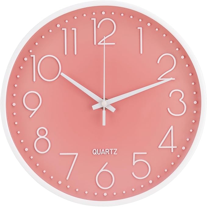 Wall Clock 10 Inch Non-Ticking Silent Modern Simple Style Round Decor Clock Peach Pink Stereoscopic Dial Quartz Wall Clocks for Home/Office/School/Living Room/Bedroom/Kitchen